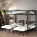 Metal Kids Bed with Full-Length Guardrail Full over Twin&Twin Size 3 in 1 Bunk Bed with Built-in Shelf, Black