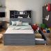 Twin Size Platform Bed with 4-Open Storage Shelves, Wooden Kids Storage Bed Frame with 2-Drawers and LED Light, Grey