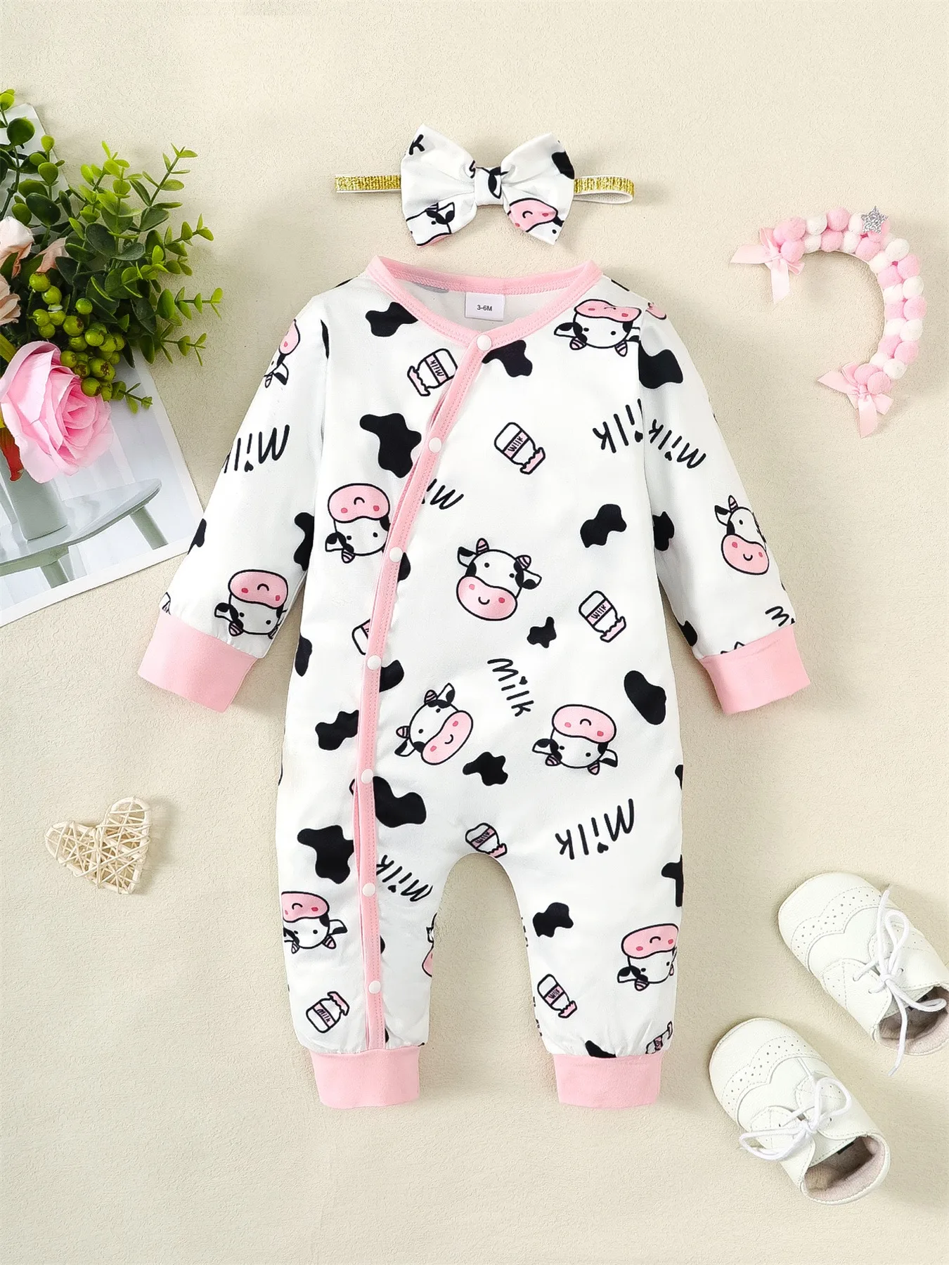 Combinaison pour nouveau-né fille de 0 à 18 mois, 2 pièces, mode vache mignonne, body à manches longues + bandeau, barboteuse printemps et automne