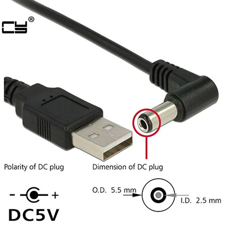 Cavo di ricarica da USB a 5,5 mm/2,5 mm 5 Volt DC Barrel Jack Cavo di ricarica da 1 m 3 piedi Gomito 90 Design ad angolo retto Spina di alimentazione CC CAVO USB
