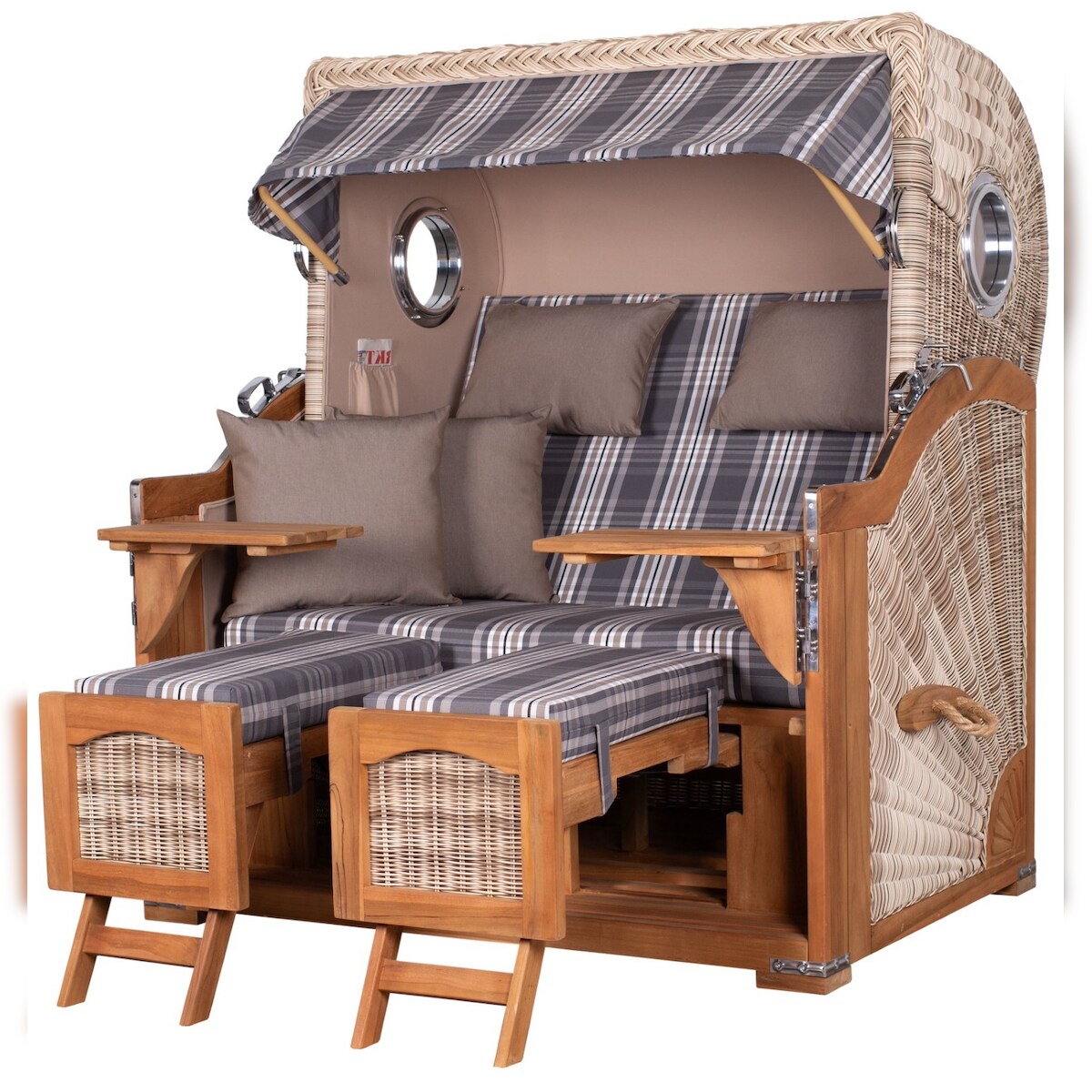 Mr. Deko Strandkorb - bene living - Ammersee Grande XL Teak Bullauge - PE shell - Modell 522 - 2,5-Sitzer inkl. Liftersystem Image