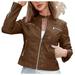 Lovskoo Women Faux Leather Short Jacket Fall and Winter Fashion Long Sleeve Motorcycle Biker Casual Slim Bomber Coat Brown