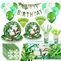 200pcs Dinosaur Birthday Party Supplies with Trex Banner, 24 Serves Dino Disposable Tableware Set with Plates, Cups, Napkin, Balloons and Table Cloth for Dinosaur Themes Party Kids 2 3 4 5 6 7 8 Years