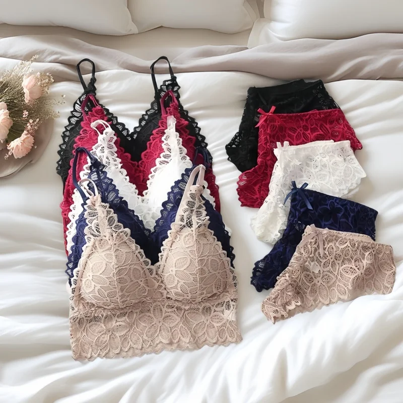 Frauen Spitze Bh Set Tiefem V Bh und Höschen Set Spitze Bralette Nahtlose Unterwäsche Stickerei Dessous Weibliche Sexy Dessous Set