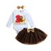 Baby Outfits For Girls Thanksgiving Long Sleeve Letter Cartoon Romper Bodysuit Tops Solid Bowknot Tulle Dress Skirt With Headbands Outfits Set 3Pcs Girls Clothing Sets White 18 Months-24 Months