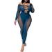 Women Jumpsuit Long Sleeve Off-shoulder Hollowed See-through Romper