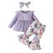 Girl Outfits Winter Long Sleeve Ribbed Flower Tops Pants 2Pcs Outfits Clothes Set Clothes Baby Boy Fall Outfits Purple 18 Months-24 Months