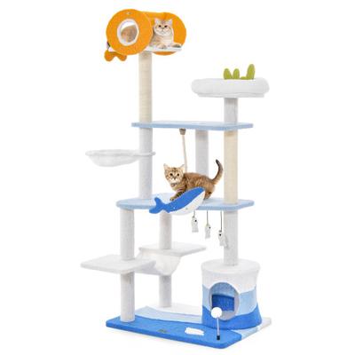 Costway Multi-level Ocean-themed Cat Tree Tower with Sisal Covered Scratching Posts-Blue