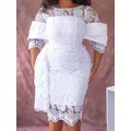 Weiße Spitzen kleider für Frauen Vintage Rundhals ausschnitt Stickerei Tunika Paket Hüfte Retro