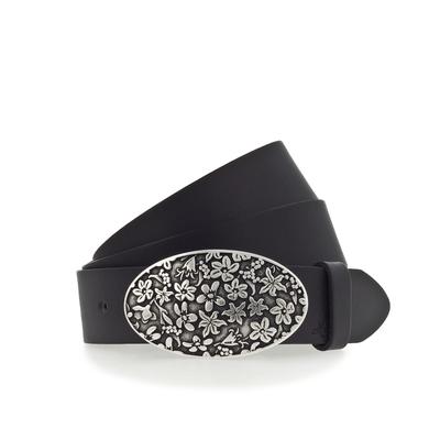 Koppelgürtel MUSTANG, Damen, Gr. 80, schwarz (790, schwarz), Rindsleder, unifarben, casual,modisch, Gürtel, Florale Koppelschließe in mattem Silber, 3,5 cm Image