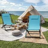 PURPLE LEAF Patio Sling Chairs Set of 2 Outdoor Portable Folding Adjustable Beach Chairs Polyester Fabric Aluminum Frame Reclining Chair with Cushioned Headrest Turquoise Blue