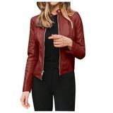 Moxiu Faux Leather Jacket for Women Fashion Zip Up PU Leather Motorcycle Jacket Casual Slim Short Leather Coat Moto Biker