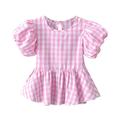 Fimkaul Girls Tops T Shirts Summer Plaid Top Pleated Hem Crew Neck Short Sleeves Casual Seaside Exclusive For 0 To 6 Years T-shirts Baby Clothes Pink