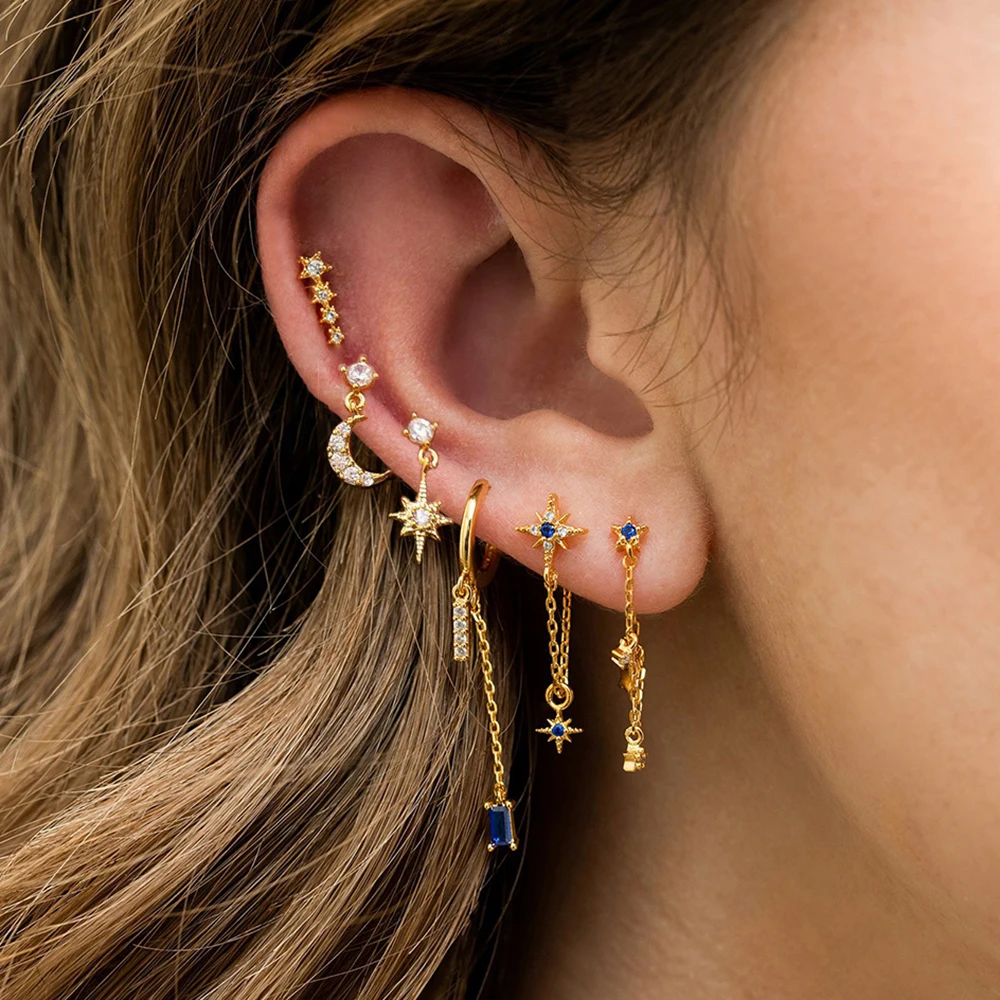 Neuer Edelstahl Zirkonia Kette Creolen für Frauen Blue Star Moon Square Anhänger Knorpel Ohrring Piercing Schmuck Image