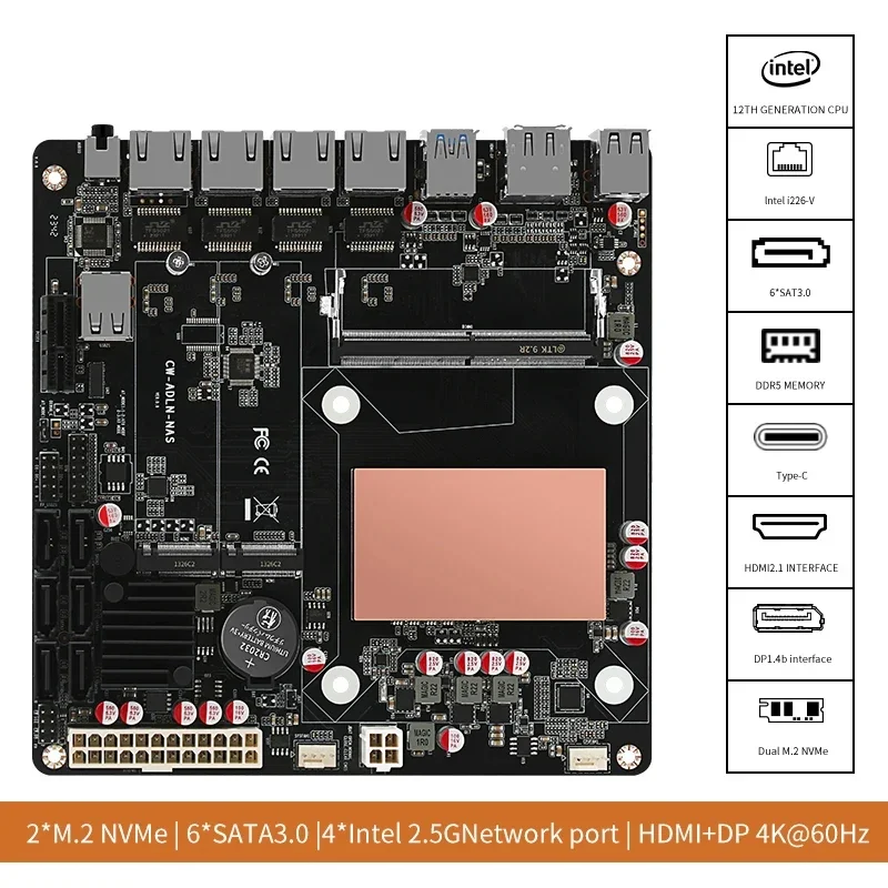 N150 6 Bays NAS Motherboard 4x 2,5GNetzwerkkarte 6x SATA3.0 2x M.2 NVMe DDR5 17x17 Mini ITX Motherboard mit PCIE DIY NAS Image