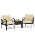Amijoy 3 Pieces Patio Wicker Furniture Set Outdoor Conversation Bistro Set with Cushioned Chairs and Tempered Glass Coffee Table