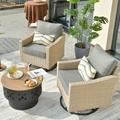 HOOOWOOO 3 Pieces Outdoor Patio Bistro Conversation Set Wicker Furniture with 360-Degree Swivel Chairs and Circular Woodburning Fire Pit Table(Gray)