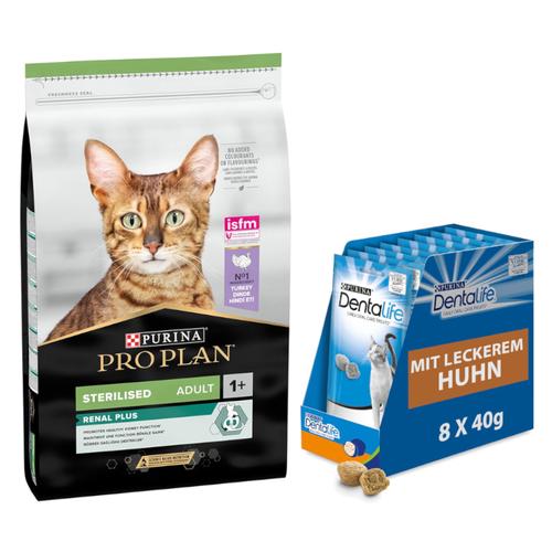 10kg PRO PLAN Sterilised Adult Renal Plus Truthahn PURINA Katzenfutter trocken + 8x40g Dentalife...