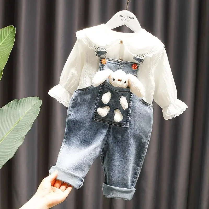 Mädchen Latzanzug Jeanshemd 2-teiliger Anzug Mädchen Babyhose süßes Mädchenhemd 2025 neue Frühlings- und Herbstkleidung Image