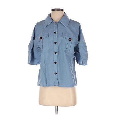 J.ING Short Sleeve Button Down Shirt: Blue Solid Tops - Women's Size Small
