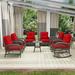 MeetLeisure 7-Piece Outdoor Patio Conversation Set 2 Swivels Chairs 2 Armchairs 2 Rocking Chairs & 1 Side Table Red