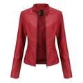 Ecqkame Women s Faux Leather Motorcycle Jacket Ladies Slim Leather Stand-Up Collar Zipper Stitching Solid Color Fall Jacket Red XL