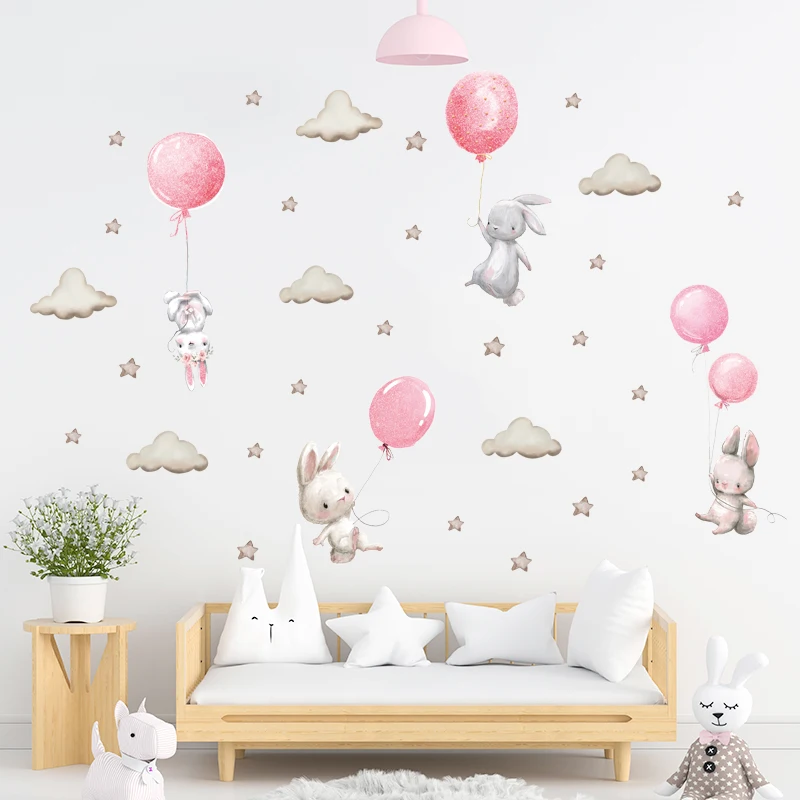 Cartoon Ballon Kaninchen Wandaufkleber für Kinderzimmer Kinderzimmer Bunte Tiere Heimdekoration Schlafzimmer Wandkunst Wohnzimmer