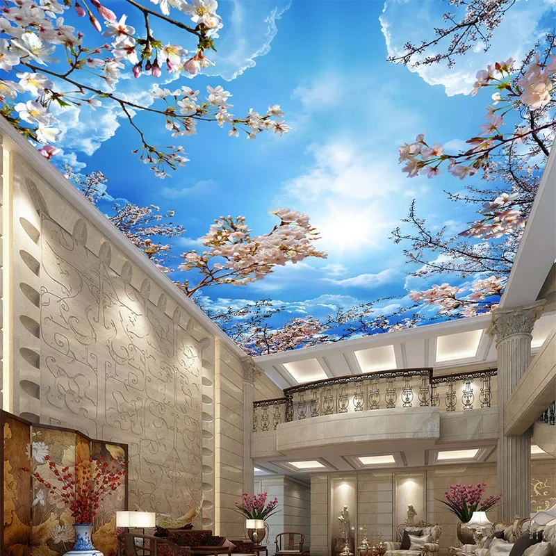 Romantische Blauen Himmel Weiße Wolken Kirschblüten Foto Tapete 3D Decke Wandbild Wohnzimmer Thema Hotel Pastoralen Dekor Tapete