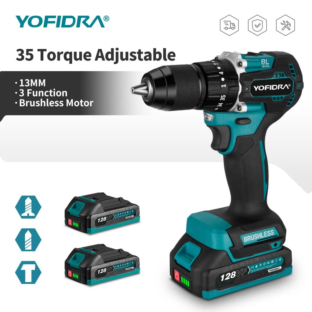 YOFIDRA 13mm 35 + 3 Drehmoment Bürstenlosen Elektrischen Schlagbohrmaschine Akku-Effiziente Elektrische Schraubendreher Werkzeug Für Makita Batterie pin Image