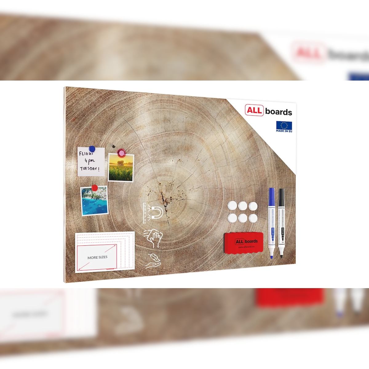 ALLboards Metallische Magnettafel BAUMSTAMM NATUR 90x60cm Memoboard für jede Art von Magneten + 4 Marker, 10 Magnete und Schwamm im Lieferumfang Image