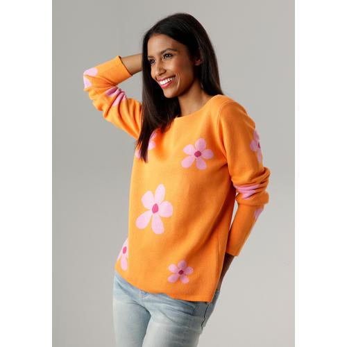 Rundhalspullover ANISTON SELECTED Gr. 42, bunt (orange, rosa, fuchsia glänzend) Damen Pullover mit goldfarbenen Details im Blumenmuster