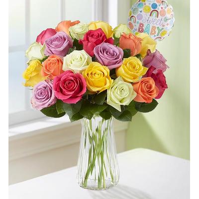1-800-Flowers Flower Delivery New Baby Celebration Assorted Roses 24 Stems W/ Clear Vase