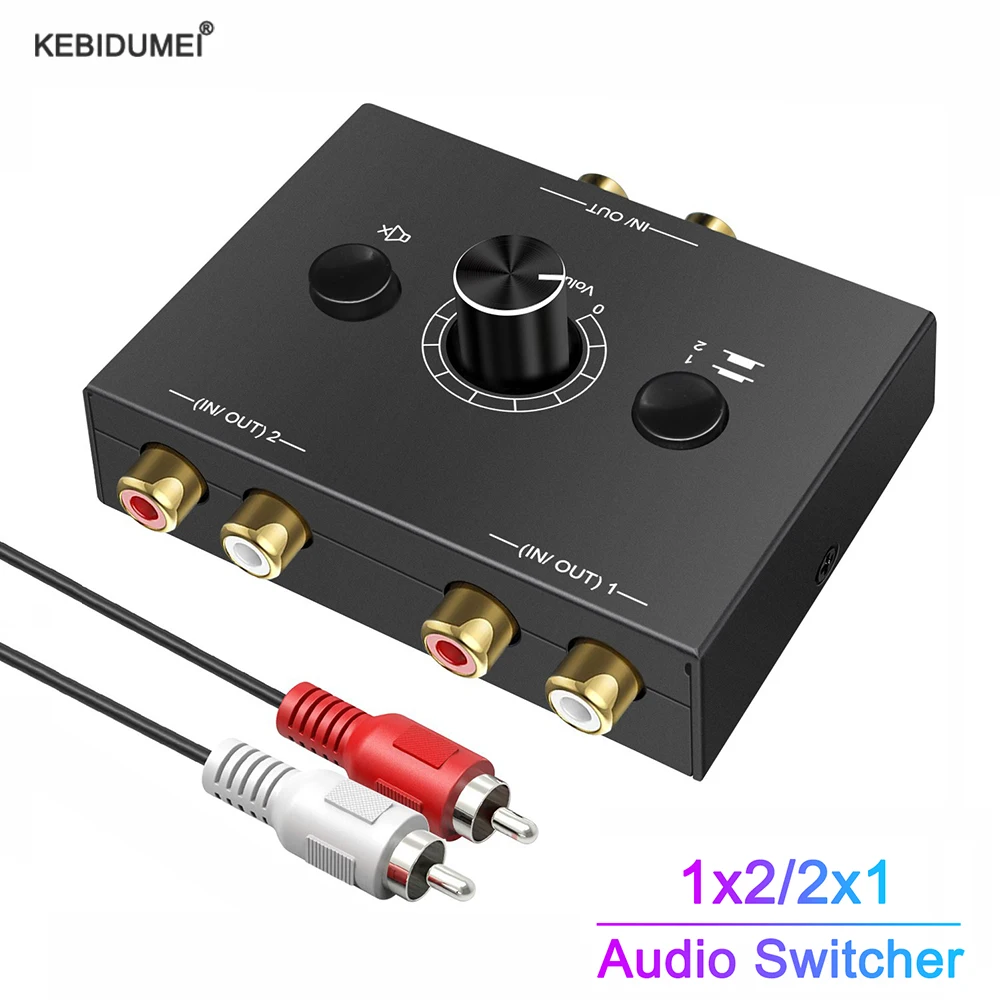 Audio-Umschalter-Splitter, bidirektionaler Audio-Umschalter mit Stummschalttaste, 2 x 1/1 x 2 L/R, RCA-Stereo-Audio-Umschalter, Audio-Splitter Image