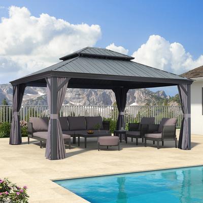 PURPLE LEAF Outdoor Galvanized Steel Hardtop Gazebo, Aluminum Frame Gazebo With Curtains