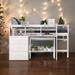 Solid Wood Full Size Kids Bed with Rolling Portable Desk Drawers and Shelves Low Loft Bed with Large Storage Space White