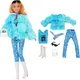 7 Artikel/Set Winterkleid ung für Barbie Puppe blau Plüsch Mantel Hemd Hosen Schuhe Zubehör für 1/6