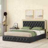 Black Queen Bed Frame PU Leather Platform Bed with LED Headboard