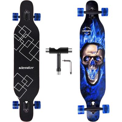 Blue Skull Longboard Skateboard 42 inch Drop Through Deck Complete Maple Cruiser Freestyle, Camber Concave