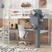 Twin Size Loft Bed with L-shaped Desk, Multifunctional Bed with Tree Shape Bookcase and Charging Station, White+Gray