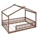 Walnut Full Size Wood Bed House Mattresses Bed Frame with Roof, Fence