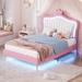 Upholstered Platform Bed with Crown Headboard, Modern Faux Leather Princess Beds with Light for Kids Girls Boys Teens