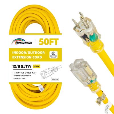 50FT Lighted Outdoor Extension Cord - 10/3 SJTW Heavy Duty Yellow Extension Cable w/ 3 Prong Grounded Plug for Safety,UL Listed