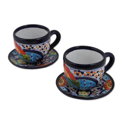 Raining Flowers,'Talavera Style Ceramic Cups and S...