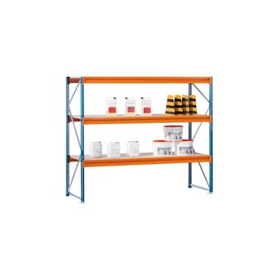 PROREGAL Weitspannregal mit Spanplatten W 100 | Grundregal | HxBxT 200x250x100cm | 3 Ebenen | Fachlast 1015 kg | Blau/Orange/Verzinkt Image
