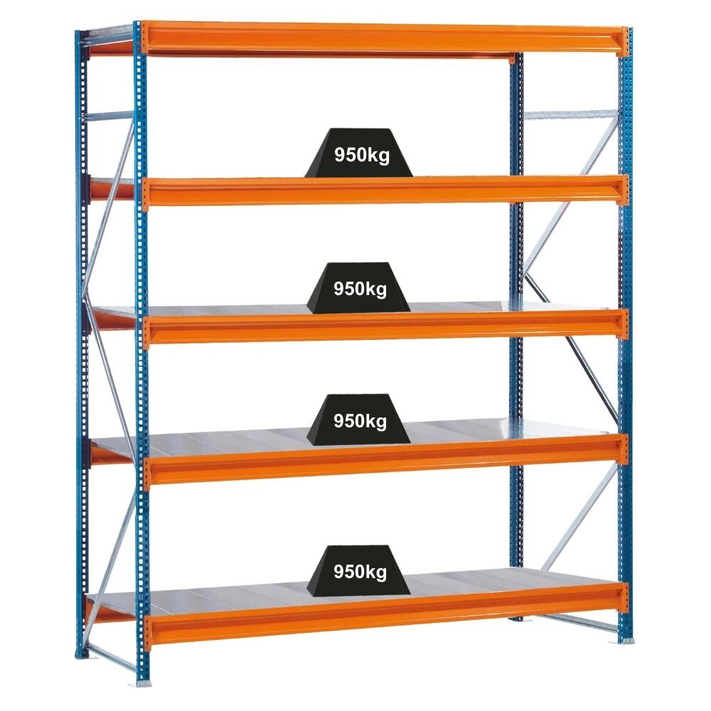 PROREGAL Weitspannregal mit Stahlpaneelen W 100 | Grundregal | HxBxT 300x214x80cm | 5 Ebenen | Fachlast 950 kg | Blau/Orange/Verzinkt Image