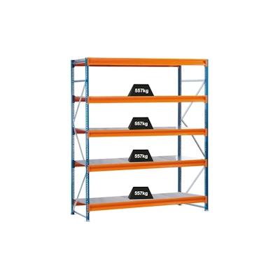 PROREGAL Weitspannregal mit Stahlpaneelen W 100 | Grundregal | HxBxT 300x178,5x120cm | 5 Ebenen | Fachlast 557 kg | Blau/Orange/Verzinkt Image