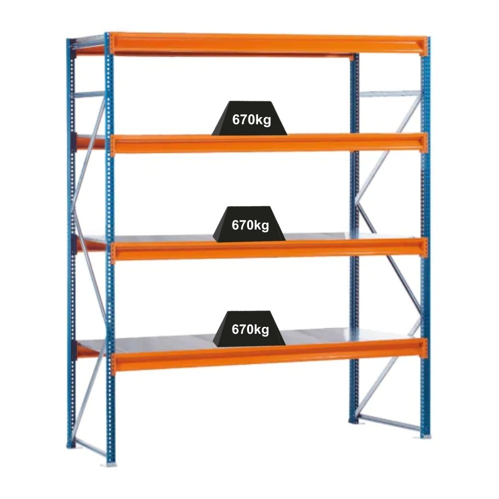 PROREGAL Weitspannregal mit Stahlpaneelen W 100 | Grundregal | HxBxT 250x178,5x60cm | 4 Ebenen | Fachlast 670 kg | Blau/Orange/Verzinkt Image