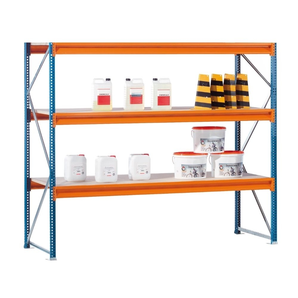 PROREGAL Weitspannregal mit Spanplatten W 100 | Grundregal | HxBxT 200x250x120cm | 3 Ebenen | Fachlast 1015 kg | Blau/Orange/Verzinkt Image