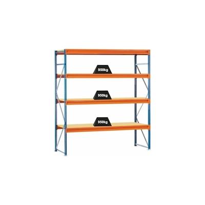 PROREGAL Weitspannregal mit Spanplatten W 100 | Grundregal | HxBxT 250x214x60cm | 4 Ebenen | Fachlast 950 kg | Blau/Orange/Verzinkt Image
