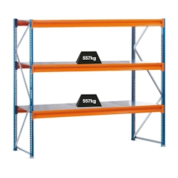 PROREGAL Weitspannregal mit Stahlpaneelen W 100 | Grundregal | HxBxT 200x178,5x120cm | 3 Ebenen | Fachlast 557 kg | Blau/Orange/Verzinkt Image